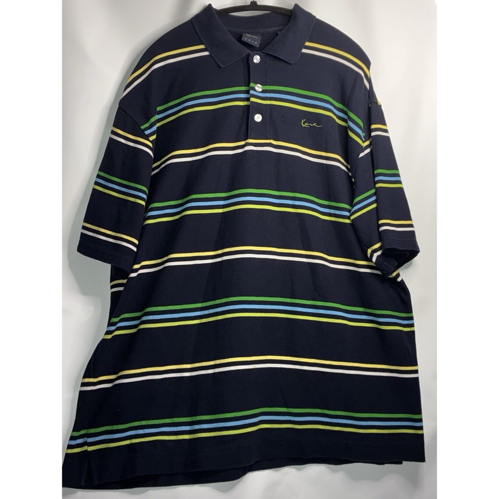 Karl Kani Y2K Polo Shirt 3X Black Yellow Green Stripe Short Sleeve Cotton Blend